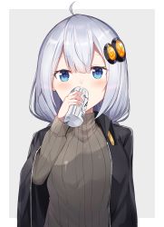 Rule 34 | 1girl, ahoge, black jacket, blue eyes, blush, can, grey sweater, hair between eyes, hair ornament, holding, holding can, jacket, kizuna akari, long hair, long sleeves, looking at viewer, open clothes, open jacket, ribbed sweater, silver hair, solo, star (symbol), sweater, turtleneck, turtleneck sweater, vocaloid, voiceroid, yukarite