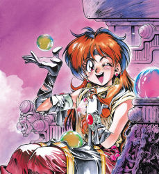 Rule 34 | 1990s (style), 1girl, amulet, araizumi rui, earrings, floating, floating object, gloves, headband, jewelry, lina inverse, long hair, looking at viewer, official art, on lap, one eye closed, open mouth, orb, red eyes, red hair, retro artstyle, sitting, slayers, solo, teeth, traditional media, upper teeth only