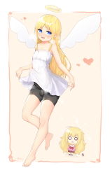 Rule 34 | 1futa, 1girl, :&lt;, absurdres, angel, angel wings, armpits, bad id, bad pixiv id, bare shoulders, barefoot, bike shorts, black shorts, blonde hair, blue eyes, blush, broken halo, bulge, cellphone, chibi, chibi inset, chinese commentary, commentary request, crimvael, crossover, dress, erection, erection under clothes, feet, full body, futanari, gabriel dropout, gabriel tenma white, halo, heart, hermaphrodite, highres, ishuzoku reviewers, large penis, long hair, o o, open mouth, penis, phone, pink background, pink shirt, plaid, plaid skirt, red skirt, renroujiang, school uniform, shirt, short dress, shorts, simple background, skirt, smartphone, smile, strapless, strapless dress, surprised, testicles, thighs, toes, tomita miyu, trait connection, very long hair, voice actor connection, wide-eyed, wings