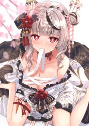 Rule 34 | 1girl, absurdres, bare shoulders, black choker, black hair, blunt bangs, blush, braid, breasts, cherry blossoms, chest sarashi, choker, cleavage, collarbone, dagger, flower, from above, grey hair, hair bun, hair flower, hair ornament, hair stick, heart, heart-shaped pupils, heckler kai, highres, hololive, japanese clothes, kimono, knife, large breasts, looking at viewer, looking up, mouth hold, multicolored hair, off shoulder, official alternate costume, raised eyebrows, sakamata chloe, sakamata chloe (new year), sarashi, single hair bun, sitting, solo, streaked hair, symbol-shaped pupils, tassel, tassel hair ornament, thigh strap, virtual youtuber, wariza, weapon