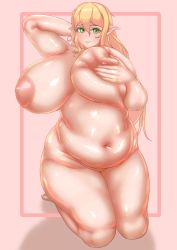 Rule 34 | 1girl, arms up, blonde hair, blush, breast hold, breasts, elf, fat, green eyes, highres, huge breasts, illust syoubon, kneeling, large areolae, long hair, looking at viewer, nipples, nude, plump, pointy ears, shiny skin, smile, solo, thick thighs, thighs