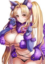 Rule 34 | 1girl, absurdres, animal ear fluff, animal ears, bikini, black bikini, blonde hair, blue gloves, blush, breasts, claw pose, claws, cleavage, closed mouth, collar, commentary request, commission, cosplay, cowboy shot, effort star, elbow gloves, fake animal ears, fake tail, fate/grand order, fate (series), fur-trimmed collar, fur-trimmed gloves, fur bikini, fur trim, gloves, hands up, highres, huge breasts, leaning forward, long hair, looking at viewer, mash kyrielight, mash kyrielight (dangerous beast), mash kyrielight (dangerous beast) (cosplay), navel, o-ring, o-ring bikini, o-ring top, original, parted bangs, pixiv commission, purple bikini, purple collar, simple background, solo, standing, stomach, string bikini, swimsuit, tail, twintails, two-tone bikini, very long hair, wavy mouth, white background, yellow eyes