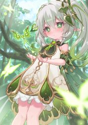 Rule 34 | 1girl, bug, butterfly, cowboy shot, dress, flower-shaped pupils, genshin impact, green eyes, hair ornament, hands up, highres, insect, nahida (genshin impact), oekakikei, parted lips, pointy ears, side ponytail, sleeveless, sleeveless dress, solo, symbol-shaped pupils, tree, white dress, white hair
