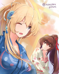 Rule 34 | 10s, 2girls, alternate costume, alternate hairstyle, bad id, bad pixiv id, blonde hair, blue eyes, breasts, brown eyes, brown hair, floral print, flower, hair flower, hair ornament, hair ribbon, iowa (kancolle), japanese clothes, kantai collection, kimono, large breasts, long hair, multiple girls, one eye closed, open mouth, ponytail, ribbon, star-shaped pupils, star (symbol), symbol-shaped pupils, takeichi yui, twitter username, yamato (kancolle), yukata