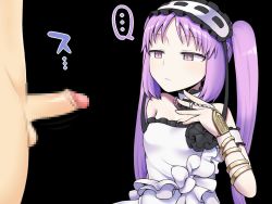 Rule 34 | 1boy, 1girl, black background, bored, breasts, censored, choker, dress, fate/grand order, fate/hollow ataraxia, fate (series), headband, jewelry, long hair, looking at penis, penis, purple eyes, purple hair, simple background, small breasts, stheno (fate), tagme, twintails, very long hair, white dress