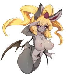 Rule 34 | 1girl, absurdres, animal ears, animal nose, bat wings, blonde hair, body fur, breasts, closed mouth, commentary, completely nude, english commentary, furry, furry female, grey fur, highres, inverted nipples, large breasts, medium hair, nude, original, purple eyes, rabbit ears, rabbit girl, rabbit tail, simple background, slugbox, smile, snout, solo, stomach tattoo, tail, tattoo, two-tone fur, white background, wings