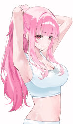 Rule 34 | 1girl, adjusting hair, arms behind head, breasts, cleavage, closed mouth, commentary, highres, hololive, hololive english, large breasts, long hair, looking at viewer, michelan, midriff, mori calliope, navel, pink eyes, pink hair, ponytail, sidelocks, simple background, smile, solo, sports bra, sweat, symbol-only commentary, virtual youtuber, white background, white sports bra