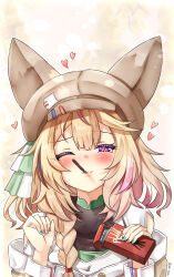 Rule 34 | 1girl, absurdres, blonde hair, blouse, blue nails, blush, braid, brown hat, brown jacket, closed mouth, commentary request, ebiko yaki, food, food in mouth, fox girl, fox hat, hair between eyes, hair over shoulder, half-closed eyes, hands up, hat, heart, heart-shaped pupils, highres, holding, hololive, incoming pocky kiss, jacket, long hair, long sleeves, looking at viewer, mouth hold, multicolored hair, multicolored nails, nail polish, official alternate costume, official alternate hairstyle, omaru polka, omaru polka (street casual), one eye closed, pink hair, pocky, pocky day, pocky in mouth, purple eyes, red nails, shirt, side braid, sidelocks, single braid, solo, streaked hair, symbol-shaped pupils, upper body, virtual youtuber, white shirt