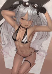 Rule 34 | 1girl, absurdres, arm behind back, arm behind head, armpits, arms up, bad id, bad pixiv id, bare arms, bare shoulders, bikini, black bikini, black bow, black choker, black gloves, black ribbon, blue archive, bow, breasts, choker, cleavage, collarbone, dark-skinned female, dark skin, eyewear on head, from above, gloves, hair bow, hair over one eye, highres, iori (blue archive), iori (swimsuit) (blue archive), kneeling, konoike (pepe expect), long hair, looking at viewer, looking up, medium breasts, multi-strapped bikini bottom, navel, red eyes, revision, ribbon, side-tie bikini bottom, silver hair, solo, stomach, string bikini, sunglasses, swimsuit, thigh gap, thigh strap, twintails, very long hair