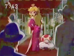 Rule 34 | 1990s (style), 1girl, 4boys, alternate costume, animated, animated gif, bare legs, blinking, blonde hair, blowing kiss, camera, crown, dress, elbow gloves, evening gown, fur trim, gloves, hat, high heels, jewelry, legs, long hair, lots of jewelry, mario (series), mini crown, multiple boys, necklace, nintendo, official art, one eye closed, photographer, princess, princess peach, red carpet, red dress, retro artstyle, sequins, shoes, side slit, super mario bros. 1, toad (mario), wink