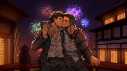 Rule 34 | 2boys, bara, belt, black belt, black hair, black pants, collared shirt, commission, david king (dead by daylight), dead by daylight, closed eyes, facial hair, fireworks, highres, holmy (holmesdmode), jacket, jake park, kiss, large pectorals, male focus, multiple boys, muscular, muscular male, necktie, night, night sky, open clothes, open jacket, outdoors, pants, pectorals, shirt, short hair, sky, stubble, undercut, white shirt, yaoi