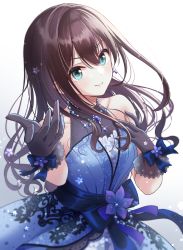 Rule 34 | 1girl, black gloves, black hair, blue dress, blue sash, collarbone, dress, floral print, foreshortening, glint, gloves, hand on own chest, highres, idolmaster, idolmaster cinderella girls, idolmaster cinderella girls starlight stage, jewelry, long hair, looking at viewer, necocafe lili, print dress, reaching, reaching towards viewer, ribbon, sash, shibuya rin, simple background, sleeveless, sleeveless dress, smile, solo, wavy hair, white background, wrist ribbon
