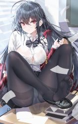 Rule 34 | 1girl, absurdres, age fx, ahoge, armband, azur lane, black bow, black hair, bow, bowtie, breasts, commentary request, feet, glasses, highres, jacket, large breasts, long hair, long sleeves, looking at viewer, official alternate costume, pantyhose, pleated skirt, red eyes, red jacket, revision, school uniform, shirt, skirt, soles, solo, taihou (azur lane), taihou (sweet time after school) (azur lane), thighs, toes, white shirt, yellow armband
