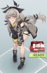 Rule 34 | 1girl, absurdres, arknights, asymmetrical sleeves, black footwear, black hairband, black jacket, blush, boots, breath, brown hair, clothing cutout, embarrassed, english text, female focus, full body, gameplay mechanics, grey background, hair ornament, hair tie, hairband, have to pee, highres, jacket, leaking, leaning forward, lightning bolt symbol, long hair, long sleeves, looking at viewer, low-tied long hair, mismatched sleeves, nose blush, open mouth, orange eyes, pee, peeing, peeing self, rune (dualhart), shoulder cutout, sidelocks, simple background, solo, standing, sweat, thigh strap, very long hair, weedy (arknights), x hair ornament