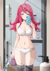 Rule 34 | 1girl, absurdres, ahoge, bare arms, bare shoulders, black thighhighs, blue eyes, bra, breasts, cellphone, cleavage, closed mouth, collarbone, elaine (kometa virtual live), hair ornament, hairclip, hand up, highres, holding, holding phone, kometa virtual live, large breasts, lazycoffee (wyen iscordo), long hair, looking at viewer, mirror, mole, mole on thigh, mole under eye, multicolored hair, nail polish, navel, panties, phone, red hair, red nails, reflection, skindentation, smartphone, smile, solo, standing, stomach, streaked hair, thighhighs, thighs, underwear, underwear only, virtual youtuber, white bra, white panties