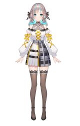 Rule 34 | 1girl, absurdres, aqua eyes, arms at sides, buisen, dress, hair ribbon, highres, konatsu minamo, lace trim, medium hair, multicolored eyes, multicolored hair, official art, ribbon, second-party source, shoes, silver hair, simple background, solo, standing, streaked hair, teffish, thighhighs, two-tone hair, virtual youtuber, white background
