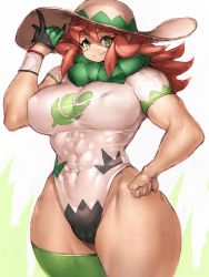 Rule 34 | 1girl, abs, breasts, brown hair, cameltoe, covered erect nipples, cowboy shot, creatures (company), fumio (rsqkr), game freak, genderswap, genderswap (mtf), gloves, green eyes, green thighhighs, gym leader, hand on own hip, hat, highres, large breasts, leotard, long hair, looking at viewer, milo (pokemon), muscular, muscular female, nintendo, pokemon, pokemon swsh, scarf, short sleeves, simple background, single glove, single thighhigh, solo, thighhighs, thighs, white background, wide hips
