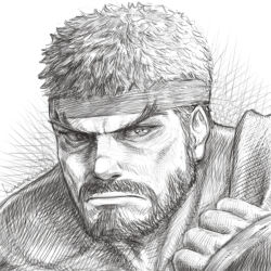 Rule 34 | 1boy, beard, clenched hand, facial hair, forked eyebrows, frown, graphite (medium), headband, kuroneco, looking at viewer, male focus, muscular, muscular male, mustache, portrait, ryu (street fighter), short hair, solo, street fighter, thick eyebrows, traditional media