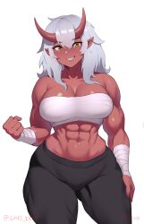 Rule 34 | 1girl, abs, absurdres, arm wrap, black pants, blush, breasts, brown eyes, chest sarashi, cleavage, collarbone, colored skin, commission, cowboy shot, dated, gad the god, grey hair, highres, horns, long hair, midriff, muscular, muscular female, navel, oni, original, pants, pointy ears, red skin, sarashi, sharp teeth, solo, teeth, twitter username, yoga pants
