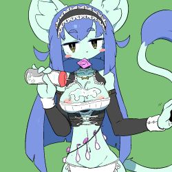 Rule 34 | 1girl, breasts, cat, female focus, furry, furry female, green background, looking at viewer, maid, maid headdress, milk, nipples, purple hair, simple background, solo, the amboina, yellow eyes
