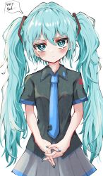 Rule 34 | 1girl, absurdres, aqua eyes, aqua hair, aqua nails, black shirt, blue necktie, closed mouth, collared shirt, cowboy shot, english text, grey skirt, hatsune miku, highres, kayon (touzoku), long hair, looking at viewer, nail polish, necktie, own hands together, shirt, short sleeves, simple background, skirt, solo, speech bubble, standing, tears, twintails, vocaloid, white background