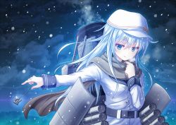 Rule 34 | 1girl, belt, black scarf, blue eyes, blush, cannon, cloud, cloudy sky, coat, flat cap, glint, hair between eyes, hammer and sickle, hat, hibiki (kancolle), kantai collection, long hair, long sleeves, looking at viewer, night, night sky, outdoors, outstretched arm, parted lips, rigging, roman numeral, scarf, silver hair, sky, snowing, solo, star (symbol), torpedo tubes, tsurime, turret, upper body, verniy (kancolle), very long hair, white coat, white hat, winter, yatsu seisakusho