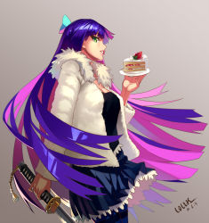 Rule 34 | 10s, artist name, breasts, cake, cleavage, colored inner hair, dated, food, frills, fruit, fur trim, highres, jacket, katana, l.k, large breasts, long hair, multicolored hair, panty &amp; stocking with garterbelt, pantyhose, profile, purple hair, skirt, solo, stocking (psg), strawberry, sword, very long hair, weapon