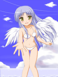 Rule 34 | 10s, angel beats!, bikini, cameltoe, grey hair, leaning forward, long hair, outstretched arm, outstretched hand, perspective, qy73, reaching, solo, swimsuit, tenshi (angel beats!), thigh gap, thighs, yellow eyes
