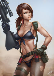 Rule 34 | 1girl, artist name, asymmetrical gloves, bikini, breasts, brown hair, cleavage, elbow gloves, front-tie top, gloves, green eyes, gun, holding, holding gun, holding weapon, konami, looking at viewer, mashi2311, metal gear (series), metal gear solid v: the phantom pain, mismatched gloves, navel, pantyhose, pantyhose over swimsuit, ponytail, quiet (metal gear), rifle, see-through, solo, strap gap, swimsuit, torn clothes, torn pantyhose, trigger discipline, underboob, weapon