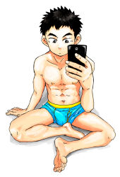 Rule 34 | 1boy, abs, black eyes, black hair, briefs, bulge, cellphone, child, eyebrows, feet, highres, makimakikeita, male focus, male underwear, muscular, nipples, no pants, original, phone, simple background, sitting, solo, spiked hair, taking picture, thick eyebrows, topless male, underwear