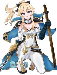 Rule 34 | 1girl, absurdres, amanotti 01, blonde hair, blue capelet, blue eyes, boots, bow, breasts, capelet, cleavage, detached collar, detached sleeves, full body, genshin impact, gloves, hair bow, highres, holding, holding sword, holding weapon, jean (genshin impact), long hair, looking at viewer, medium breasts, on one knee, open mouth, pants, ponytail, sidelocks, simple background, solo, strapless, sword, tight clothes, tight pants, weapon, white background, white pants