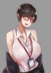 Rule 34 | 1girl, :d, bare shoulders, black hair, black pants, bra visible through clothes, breasts, buttons, collarbone, commentary, dress shirt, earrings, english commentary, eyes visible through hair, glasses, grey background, highres, id card, jewelry, lanyard, large breasts, looking at viewer, norman maggot, off shoulder, office lady, olive laurentia, open mouth, original, pants, pink eyes, pixie cut, red-framed eyewear, shirt, shirt tucked in, short hair, simple background, sleeveless, sleeveless shirt, smile, solo, upper body, very short hair, wing collar