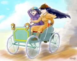 Rule 34 | 2girls, car, coat, day, determined, driving, faux traditional media, hat, highres, holding, holding clothes, holding hat, kill la kill, kiryuuin satsuki, matoi ryuuko, meitantei holmes, motion blur, motor vehicle, multicolored hair, multiple girls, old car, outdoors, parody, pipe in mouth, qiannian zuojia, shoes, siblings, sisters, smoking pipe, socks, streaked hair, trench coat, vehicle, vehicle focus, wind, wind lift, world masterpiece theater