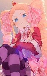 Rule 34 | 1girl, beatrice (re:zero), blonde hair, blue eyes, blush, bow, butterfly-shaped pupils, closed mouth, coat, crossed arms, crown, drill hair, feet out of frame, frilled bow, frills, fur collar, grey background, hair bow, highres, looking at viewer, mini crown, pantyhose, parted bangs, pink bow, pink pupils, purple pantyhose, re:zero kara hajimeru isekai seikatsu, red coat, ryusei hashida, sitting, solo, striped clothes, striped pantyhose, symbol-shaped pupils, twin drills, twintails, x x