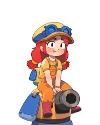 Rule 34 | 1girl, black eyes, blush, boots, bracelet, brawl stars, cannon, child, closed mouth, full body, goggles, goggles on headwear, hat, highres, jessie (brawl stars), jewelry, long hair, looking at viewer, opossumachine, orange overalls, overalls, red hair, shirt, short sleeves, simple background, sitting, smile, solo, tongue, tongue out, twintails, white background, yellow hat, yellow shirt