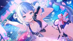 Rule 34 | 1girl, :d, absurdres, arm up, balloon, belt, belt chain, bikini, bikini under shorts, blue eyes, blue hair, blue shorts, blunt bangs, bow, bracelet, breasts, car, commentary, convertible, copyright notice, crowd, ebi-chan (gawr gura), english commentary, fins, fish tail, flat chest, front-tie bikini top, front-tie top, gawr gura, glowstick, gold bracelet, grey hair, hair ornament, highleg, highleg bikini, highres, holding, holding microphone, hololive, hololive english, hololive summer 2023 swimsuit, jewelry, layered bikini, looking at viewer, mascot, medium hair, microphone, mixed-language commentary, monitor, motor vehicle, multicolored hair, music, navel, nobusawa osamu, official alternate costume, official art, open mouth, penlight (glowstick), shark girl, shark hair ornament, shark tail, sharp teeth, shorts, shorts rolled up, singing, small breasts, smile, solo, stage, stomach, streaked hair, striped bikini, striped clothes, swimsuit, tail, teeth, two side up, upper teeth only, virtual youtuber, waist bow, white belt, white bikini, wristband