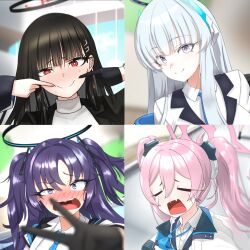 Rule 34 | 4girls, af2345, awkward, black gloves, blue archive, blue necktie, blush, crying, embarrassed, gloves, halo, highres, koyuki (blue archive), long hair, multiple girls, necktie, noa (blue archive), rio (blue archive), selfie, seminar (blue archive), smile, taking picture, twintails, yuuka (blue archive)