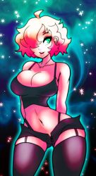 Rule 34 | atropos, breasts, cleavage, green eyes, original, pinup (style), short hair, space, star (symbol), tank top, xpisigma