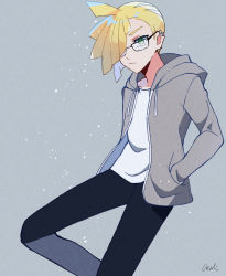 Rule 34 | 1boy, ahoge, alternate costume, bespectacled, black pants, blonde hair, closed mouth, creatures (company), ear piercing, game freak, gladion (pokemon), glasses, green eyes, grey background, grey hoodie, hair over one eye, hand in pocket, highres, hood, hoodie, male focus, nintendo, open clothes, open hoodie, pants, piercing, pokemon, pokemon sm, shirt, short hair, signature, solo, tere asahi, white shirt