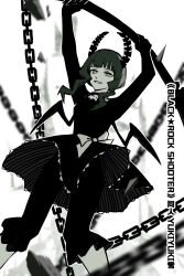 Rule 34 | 1girl, black choker, black dress, black horns, black leggings, black rock shooter, black wings, chain, choker, dead master, dress, green eyes, green hair, highres, horns, leggings, medium hair, scythe, solo, wings, yuki01