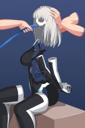 Rule 34 | 1girl, arms behind back, blue background, boots, bound, bound wrists, disembodied limb, domino mask, elbow gloves, forced drinking, gloves, highres, hose, invisible, invisible girl, leotard, mask, original, pastoji donburi, sitting, superhero costume, thigh boots, thighhighs, water, white hair
