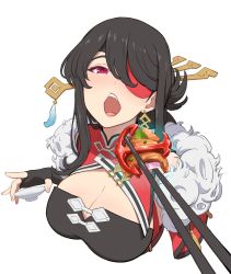 Rule 34 | 1girl, absurdres, alcohol, beidou (genshin impact), breasts, brown hair, choko (cup), cup, earrings, eyepatch, feeding, food, fur trim, genshin impact, hair ornament, highres, jewelry, large breasts, looking at viewer, open mouth, pov, red eyes, sake, simple background, upper body, warabi yuuzou, white background