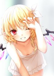 Rule 34 | 1girl, alternate costume, bare arms, bare shoulders, blonde hair, blurry, blurry background, breasts, collarbone, commentary request, cowboy shot, crystal, dress, flandre scarlet, grey background, grin, hair between eyes, hair ribbon, hand up, honotai, leaning forward, long hair, looking at viewer, no headwear, one eye closed, pointy ears, red eyes, ribbon, short dress, short hair with long locks, side ponytail, small breasts, smile, solo, spaghetti strap, touhou, white dress, white ribbon, wings