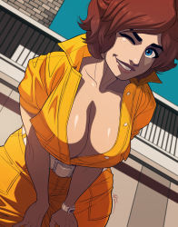Rule 34 | 1girl, april o&#039;neil, belt, bent over, blue sky, breasts, brown hair, brown lips, cleavage, collarbone, commentary, curvy, day, english commentary, exmile, freckles, from below, grin, hands on legs, hands on own legs, hands on own thighs, hands on thighs, highres, jumpsuit, large breasts, leaning forward, looking at viewer, mismatched eyebrows, one eye closed, open jumpsuit, partially unbuttoned, plunging neckline, short hair, short sleeves, sky, smartwatch, smile, solo, teenage mutant ninja turtles, thick eyebrows, watch, white belt, wink, wristwatch, yellow jumpsuit