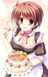 Rule 34 | 10s, 1girl, :d, absurdres, breasts, brown eyes, brown hair, cake, cleavage, da capo, da capo iii, detached collar, food, fruit, highres, hinomoto aoi, large breasts, open mouth, smile, strawberry, takano yuki (allegro mistic), waitress
