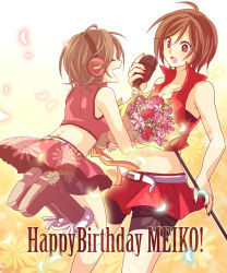 2girls bad_id bad_pixiv_id bouquet brown_eyes brown_hair flower headphones meiko_(vocaloid) microphone microphone_stand midriff multiple_girls navel sakine_meiko short_hair skirt smile suzumi_(fallxalice) time_paradox vocaloid