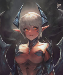 Rule 34 | 1girl, 2018, absurdres, armor, artist name, bad id, bad pixiv id, bare shoulders, collarbone, dated, demon girl, eyebrows, eyelashes, facial mark, fang, highres, horns, lips, looking to the side, orange eyes, original, pasties, pointy ears, seuyan, short hair, signature, silver hair, solo