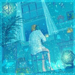 Rule 34 | ambiguous gender, aqua theme, bare legs, barefoot, curtains, dodecahedron, flower, from behind, highres, indoors, leaf, long sleeves, original, plant, potted plant, shelf, shirt, sitting, solo, star (symbol), stool, vase, wacca005, white shirt, window, yellow flower