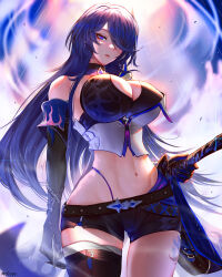 Rule 34 | 1girl, acheron (honkai: star rail), arms at sides, artist name, bare shoulders, black gloves, black shorts, black thighhighs, blue panties, breasts, cleavage, cowboy shot, cropped shirt, cutoffs, elbow gloves, gloves, hair over one eye, hand on hilt, highleg, highleg panties, highres, holding, holding sword, holding weapon, honkai: star rail, honkai (series), huge breasts, legs apart, lips, long hair, looking at viewer, mcdobo, navel, one eye covered, panties, parted lips, purple eyes, purple hair, shirt, short shorts, shorts, sidelocks, single thighhigh, solo, stomach, straight hair, sword, thick thighs, thighhighs, thighs, underwear, weapon, white shirt