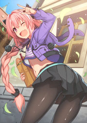 Rule 34 | 1boy, ;d, astolfo (fate), black bow, black pantyhose, black skirt, blue sky, bow, braid, building, crop top, day, fate/apocrypha, fate (series), food, from behind, hair between eyes, highres, holding, jacket, kouzuki tsubasa (musou kaidou), long sleeves, looking at viewer, looking back, male focus, multicolored hair, navel, one eye closed, open clothes, open jacket, open mouth, outdoors, pantyhose, pink hair, shirt, single braid, skirt, sky, smile, solo, streaked hair, striped clothes, striped shirt, trap, white hair, window